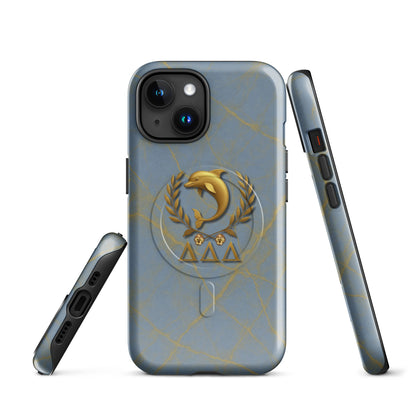 Multiple angles of Tri Delta Dolphin and Pansies Delta Delta Delta sorority iPhone case showing slim MagSafe build