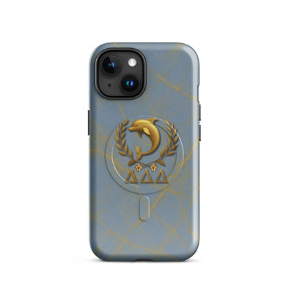 Tri Delta Dolphin and Pansies MagSafe iPhone case with gold dolphin in laurel wreath, pansies, and ΔΔΔ Greek letters on blue and gold marble
