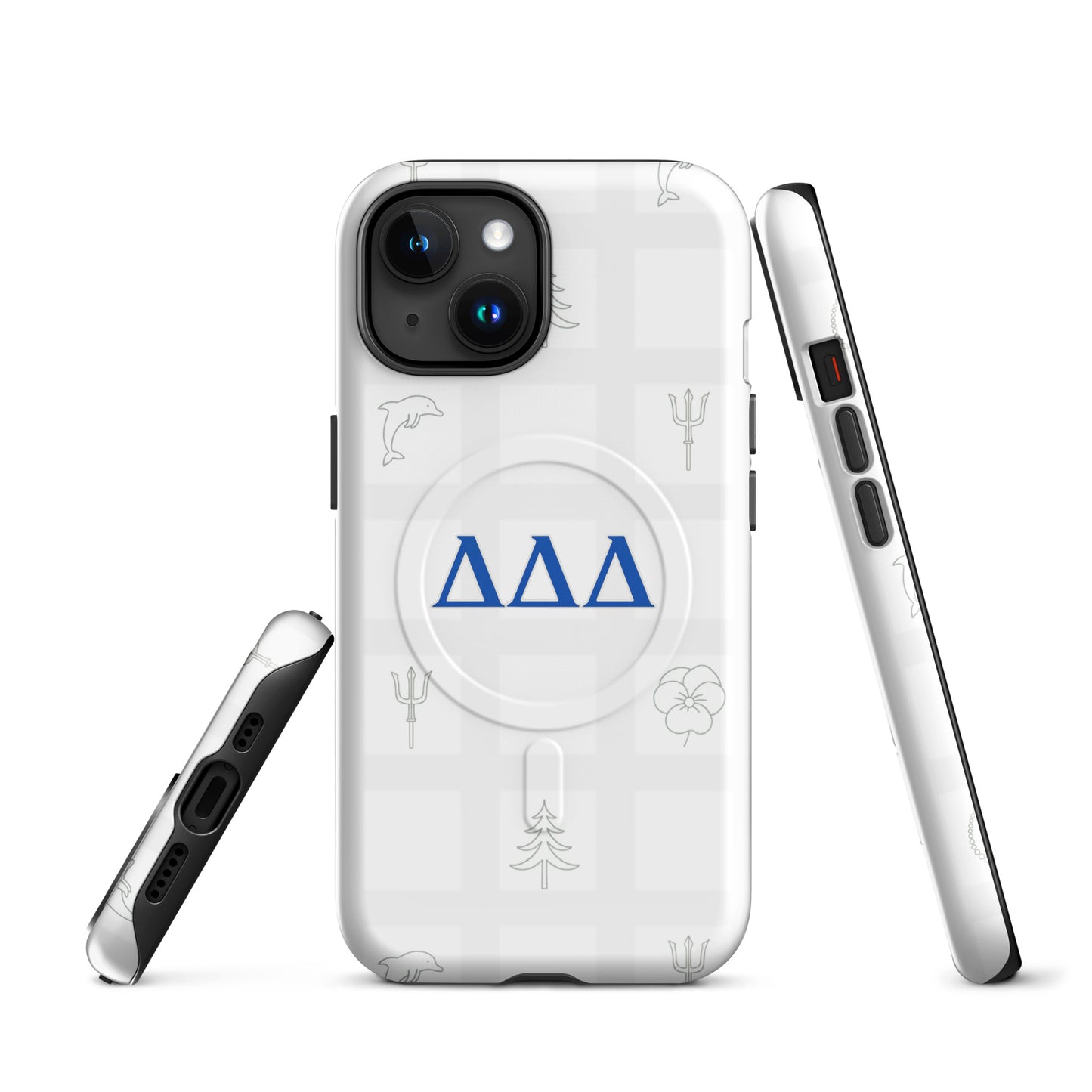 Multiple angles of Tri Delt Subtle Symbol sorority iPhone case showing slim MagSafe build and Delta Delta Delta detailing