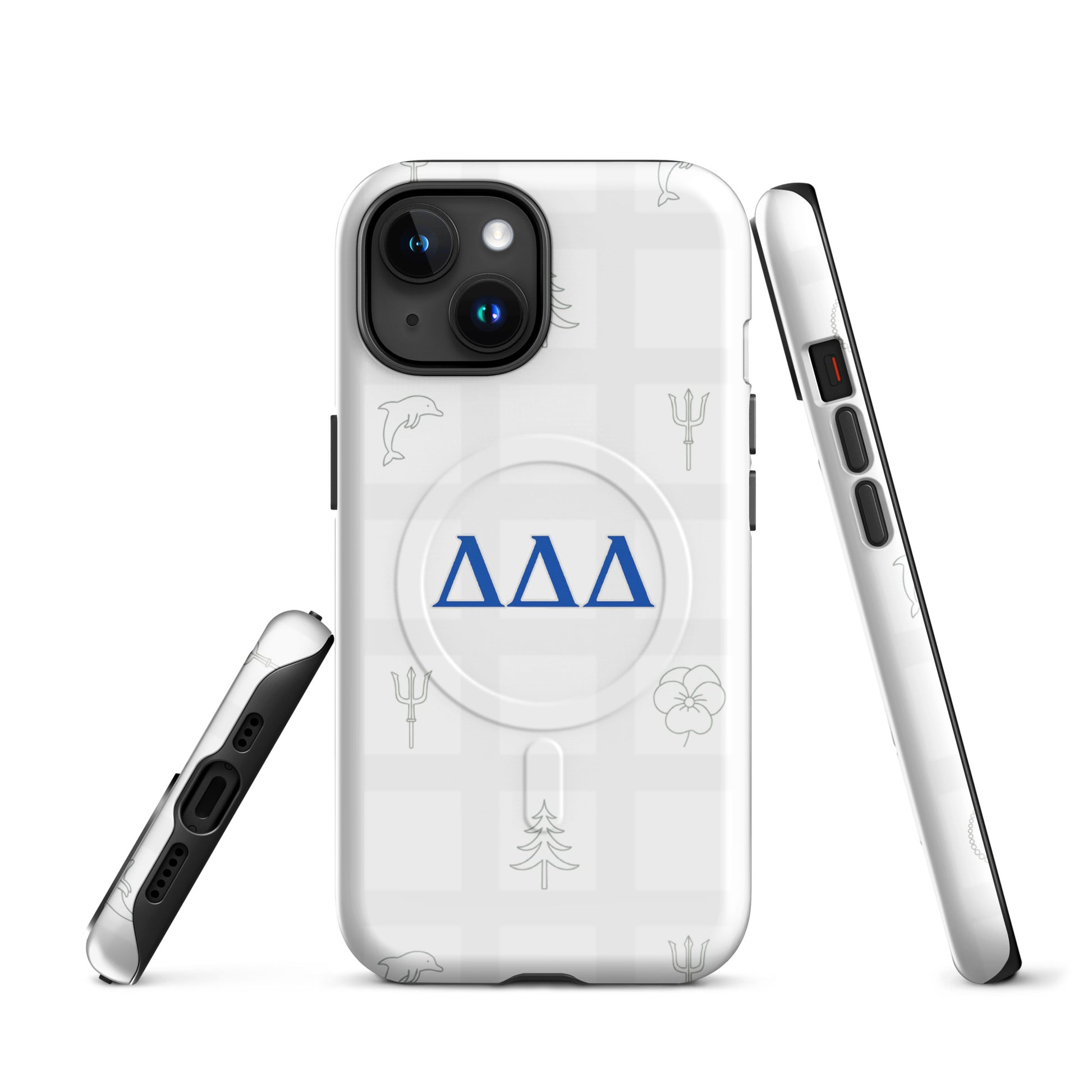 Multiple angles of Tri Delt Subtle Symbol sorority iPhone case showing slim MagSafe build and Delta Delta Delta detailing