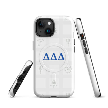 Multiple angles of Tri Delt Subtle Symbol sorority iPhone case showing slim MagSafe build and Delta Delta Delta detailing
