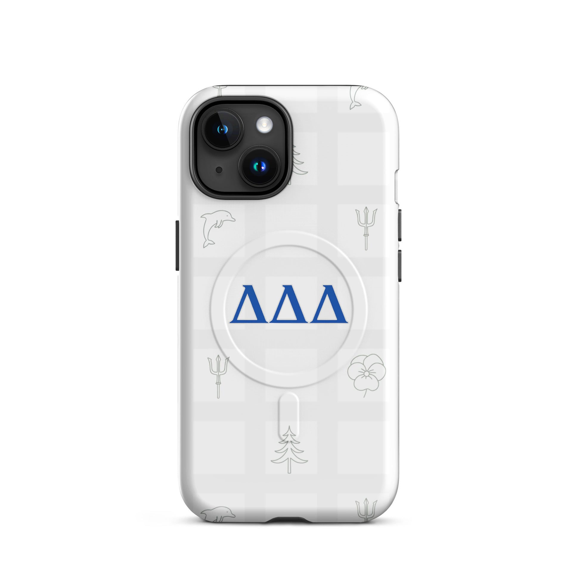 Delta Delta Delta Subtle Symbol iPhone MagSafe case with blue Tri Delt letters, dolphin, trident, pansy, and pine on white checkered design