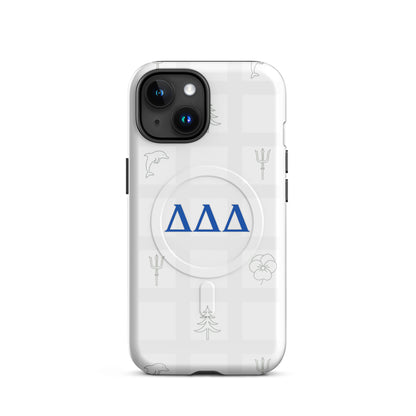 Delta Delta Delta Subtle Symbol iPhone MagSafe case with blue Tri Delt letters, dolphin, trident, pansy, and pine on white checkered design