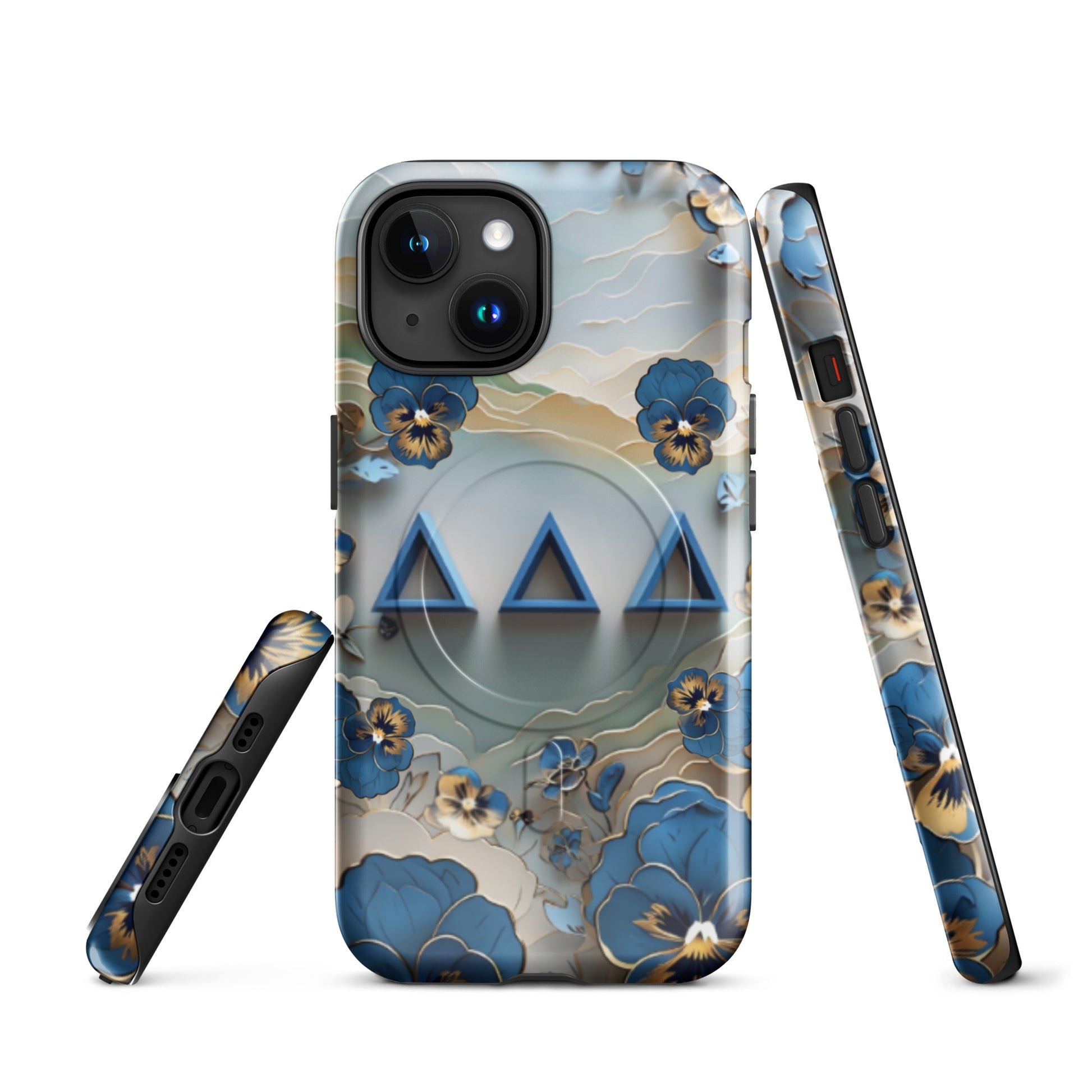 Multiple angles of Tri Delta Origami Pansy Delta Delta Delta sorority iPhone case showing slim MagSafe build and floral artistry