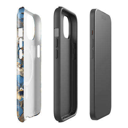 Inside view of Tri Delt Origami Pansy iPhone case showing dual-layer shockproof TPU liner and MagSafe magnets