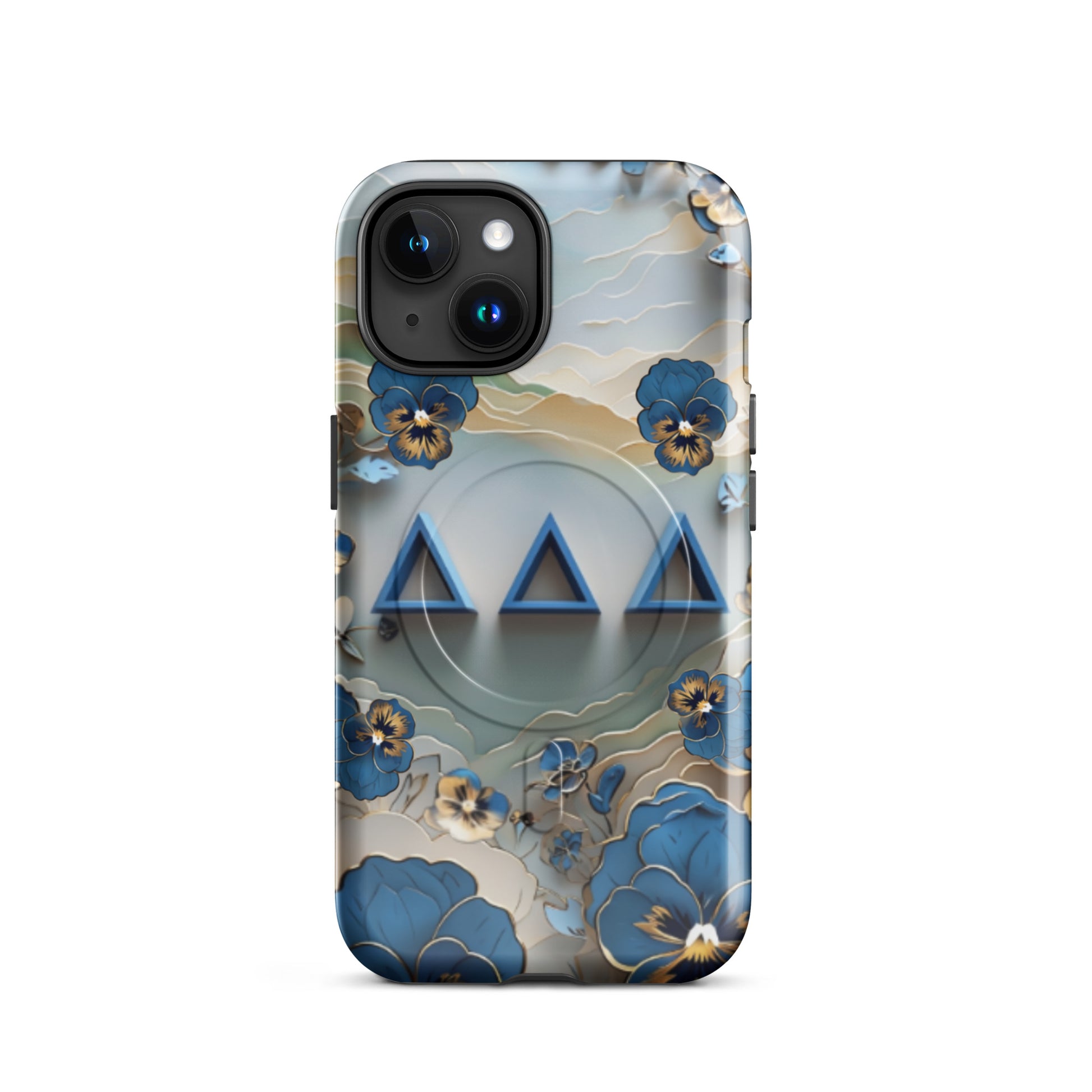 Tri Delta Origami Pansy MagSafe iPhone case with bold ΔΔΔ Greek letters surrounded by origami pansy blossoms in blue, gold, and cream