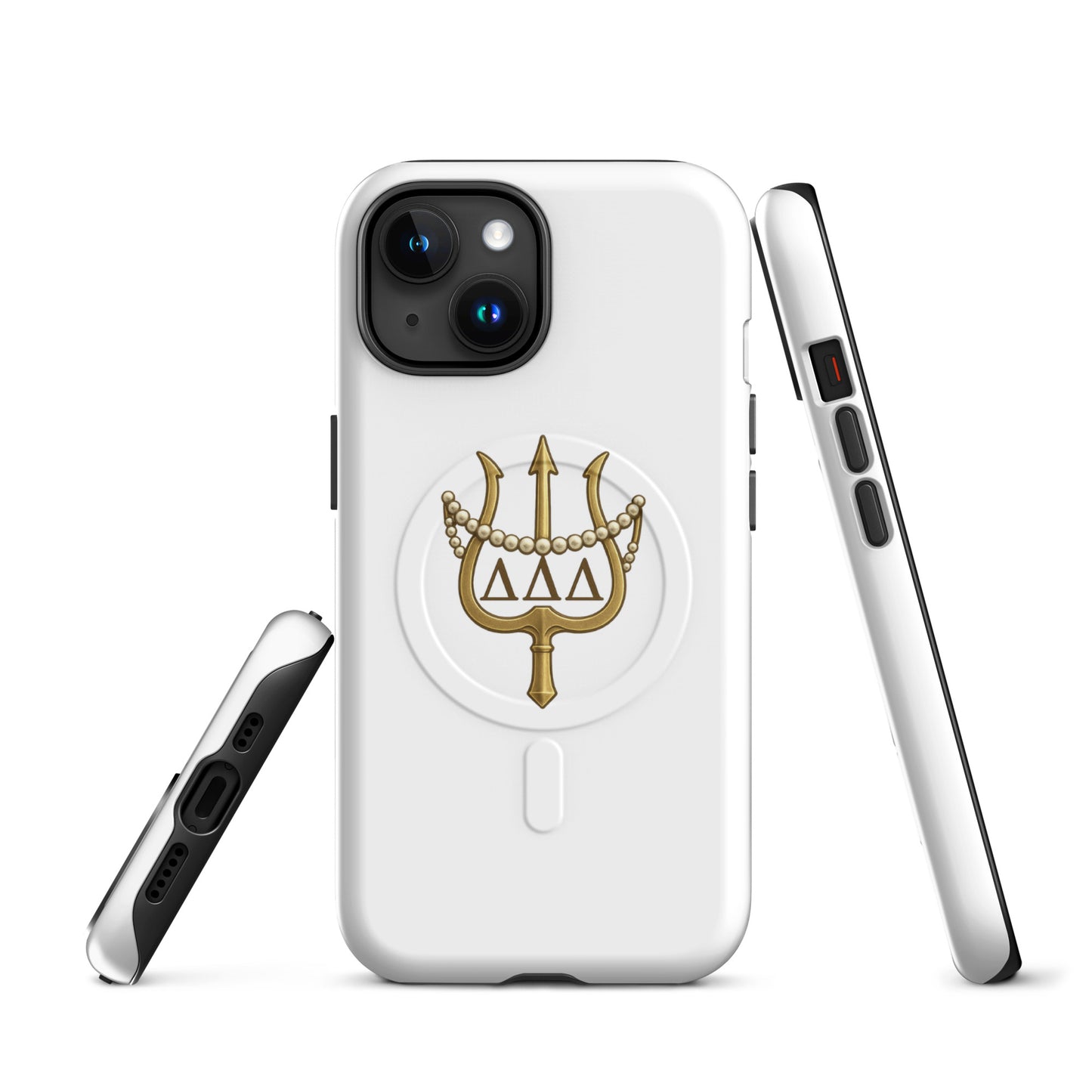 Multiple angles of Tri Delta Trident and Pearls Delta Delta Delta sorority iPhone case showing slim MagSafe build
