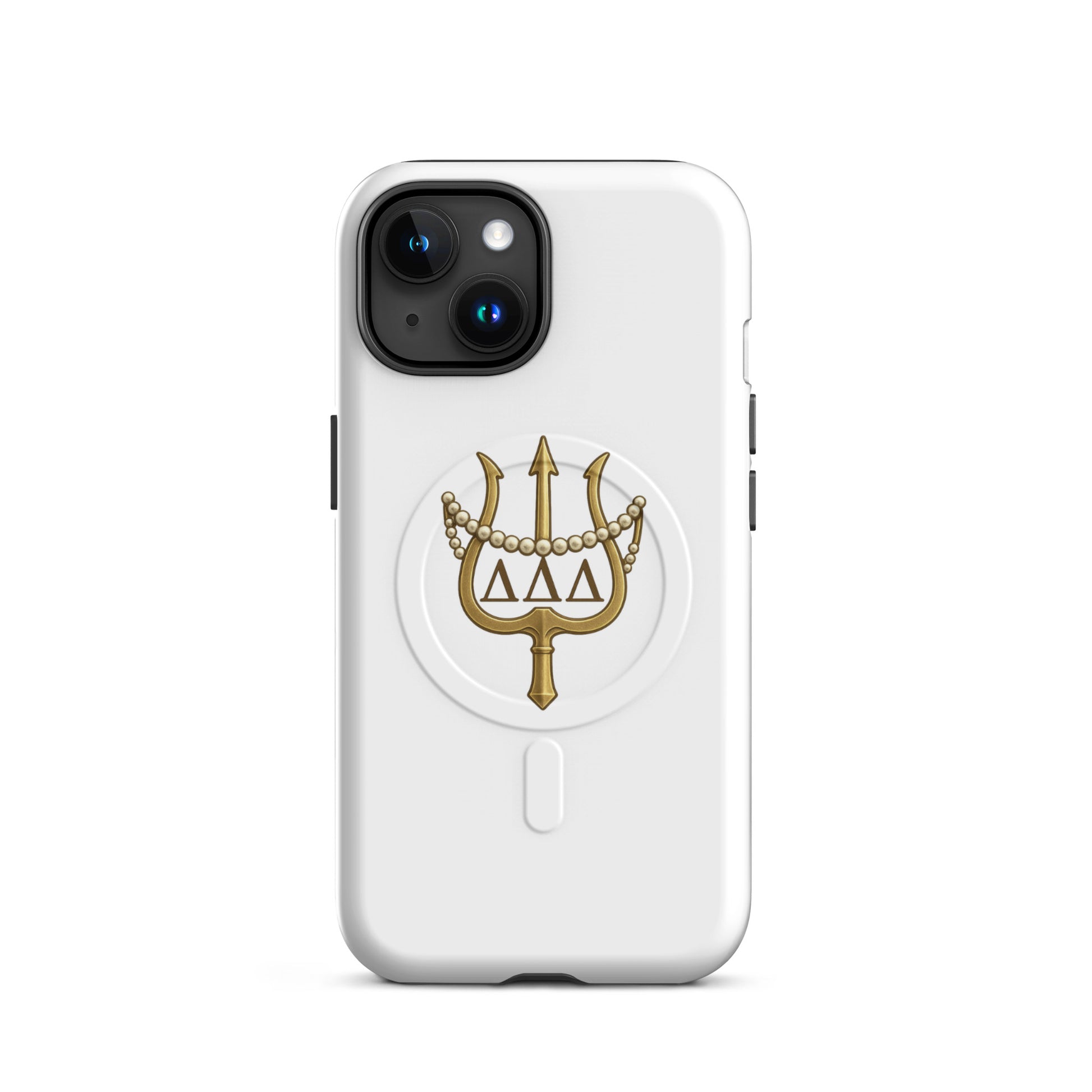 Tri Delta Trident and Pearls iPhone MagSafe case with gold trident, pearls, and ΔΔΔ Greek letters on white sorority design