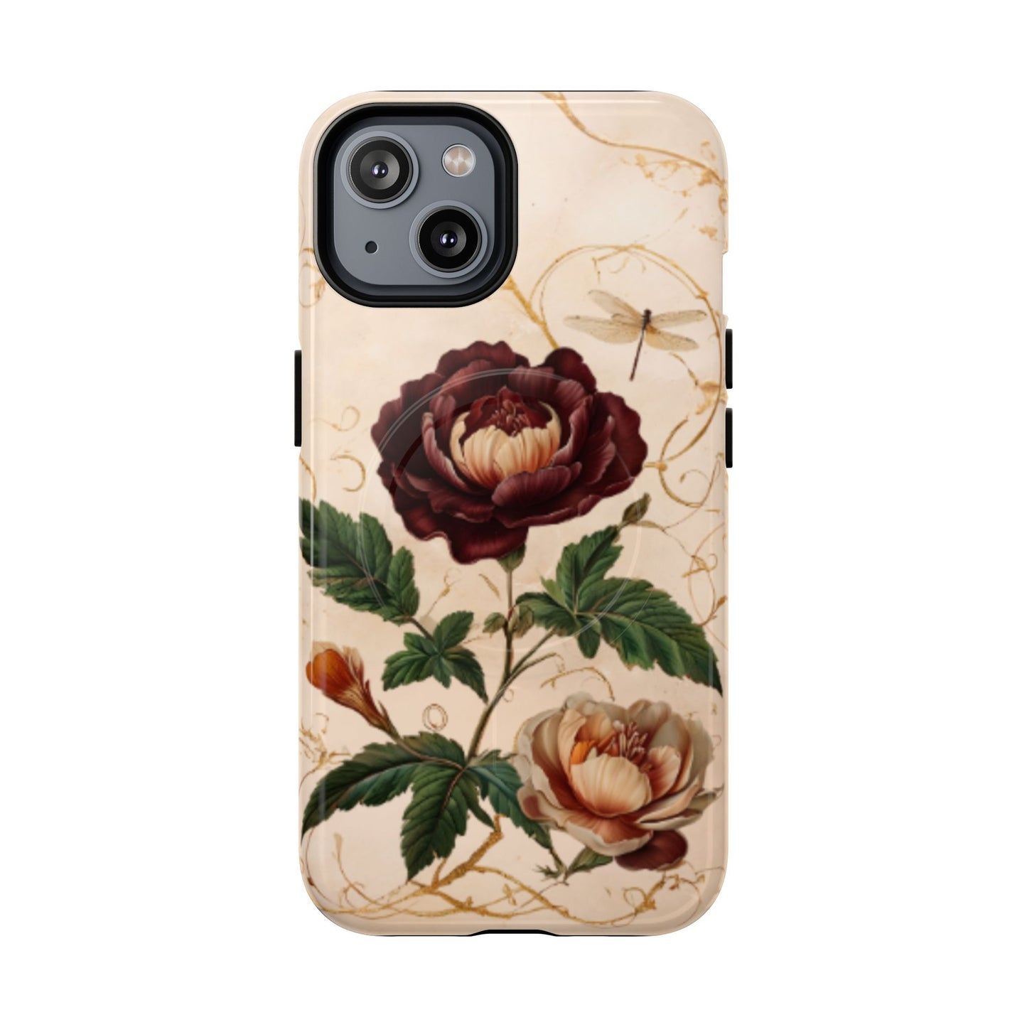 Vintage peony and dragonfly botanical iPhone 14 MagSafe phone case with elegant floral illustration design