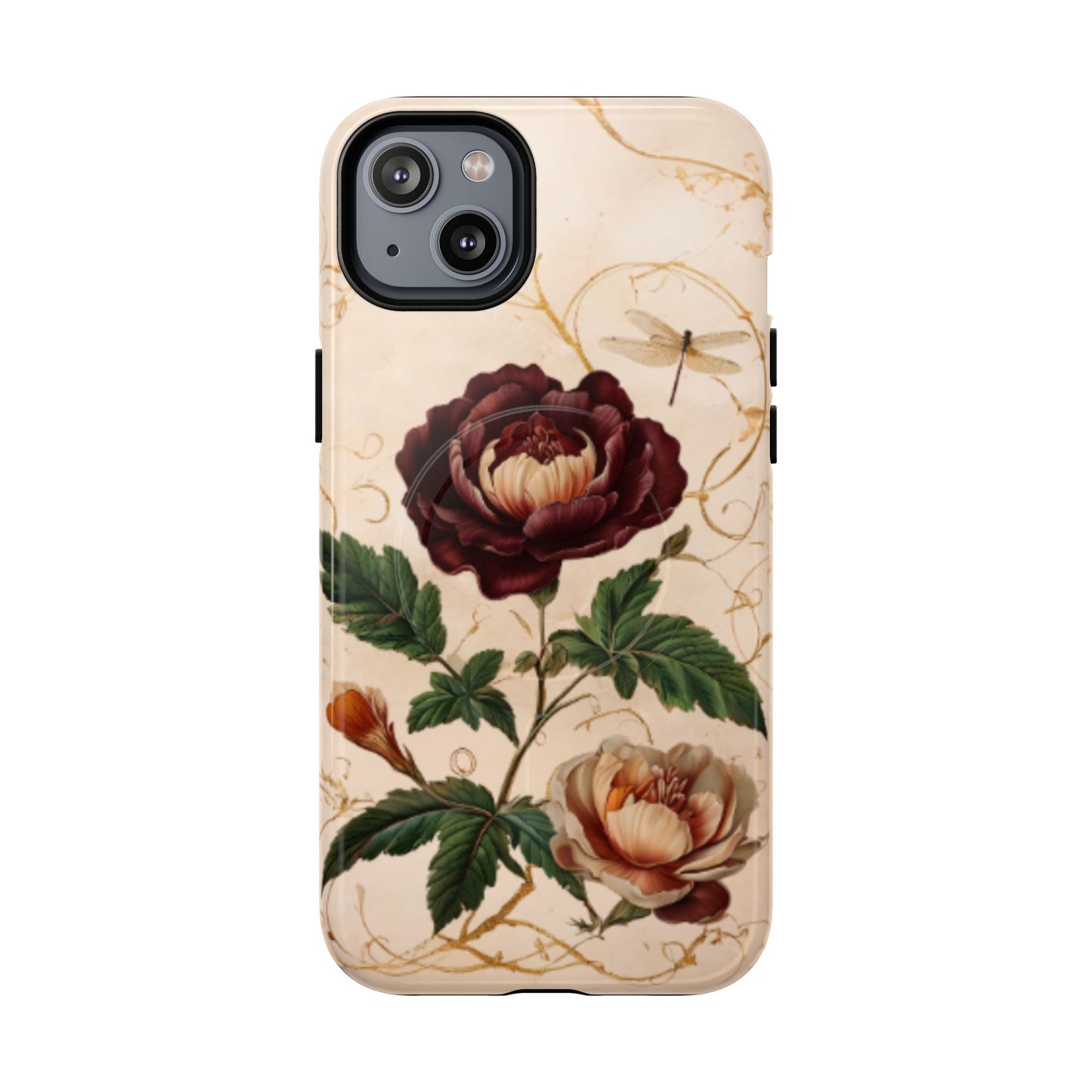Vintage peony and dragonfly botanical iPhone 14 Plus MagSafe phone case with elegant floral illustration design