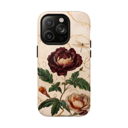 Vintage peony and dragonfly botanical iPhone 14 Pro MagSafe phone case with elegant floral illustration design