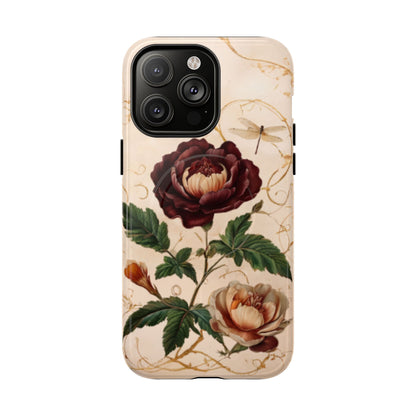 Vintage peony and dragonfly botanical iPhone 14 Pro Max MagSafe phone case with elegant floral illustration design
