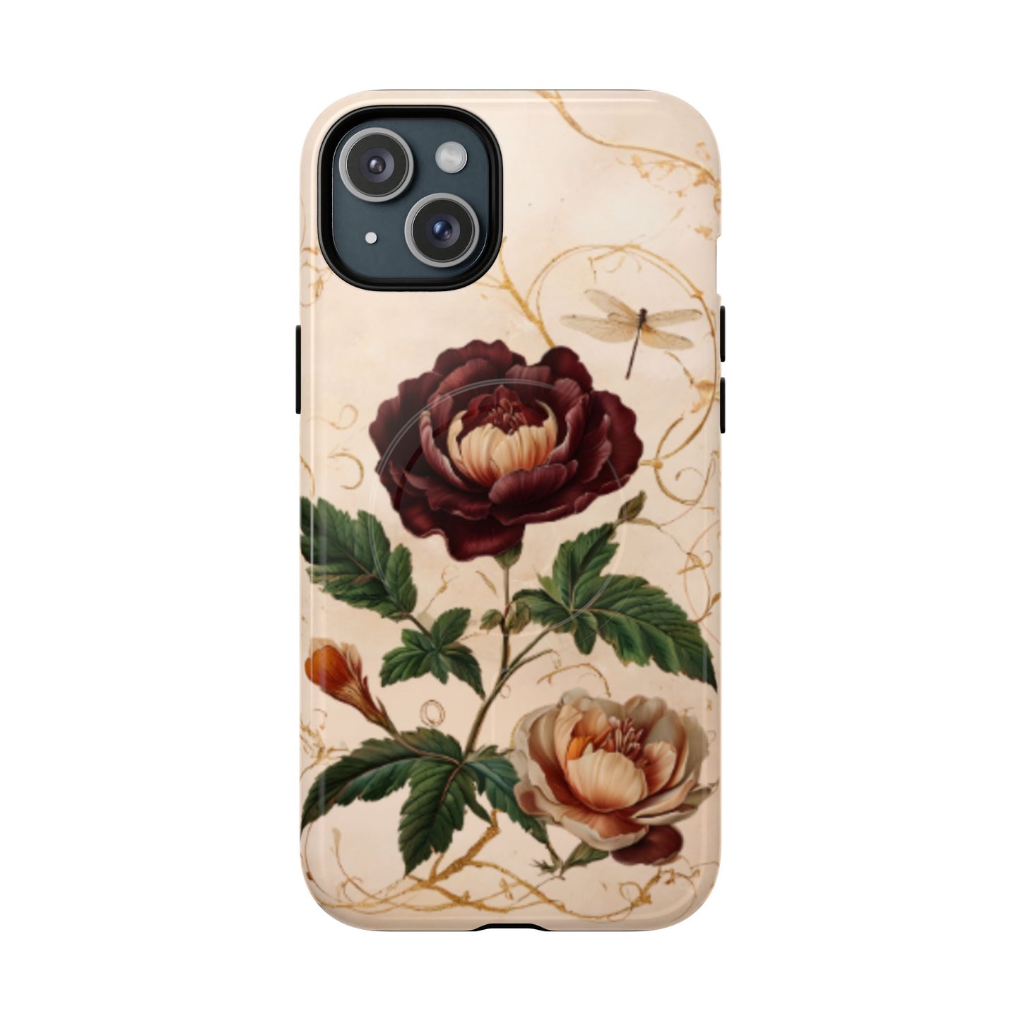 Vintage peony and dragonfly botanical iPhone 15 Plus MagSafe phone case with elegant floral illustration design