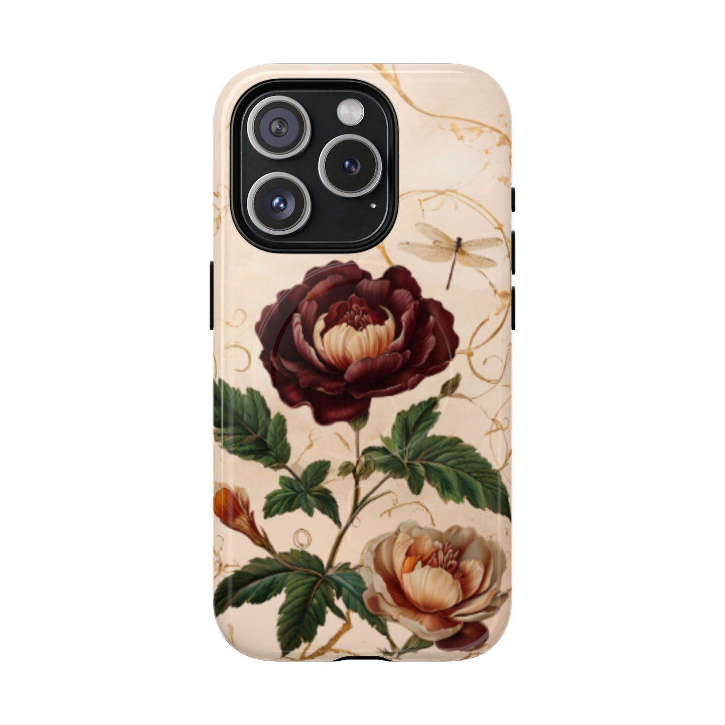 Vintage peony and dragonfly botanical iPhone 15 Pro MagSafe phone case with elegant floral illustration design