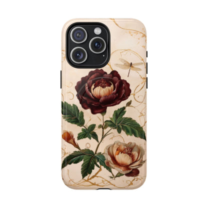Vintage peony and dragonfly botanical iPhone 15 Pro Max MagSafe phone case with elegant floral illustration design