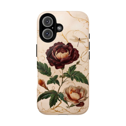 Vintage peony and dragonfly botanical iPhone 16 MagSafe phone case with elegant floral illustration design