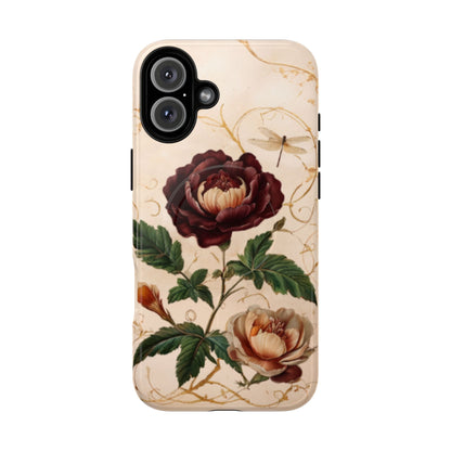 Vintage peony and dragonfly botanical iPhone 16 Plus MagSafe phone case with elegant floral illustration design