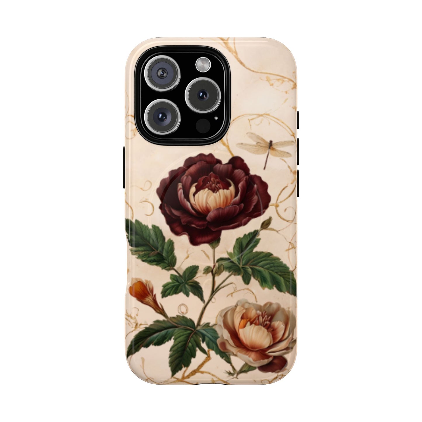 Vintage peony and dragonfly botanical iPhone 16 Pro MagSafe phone case with elegant floral illustration design
