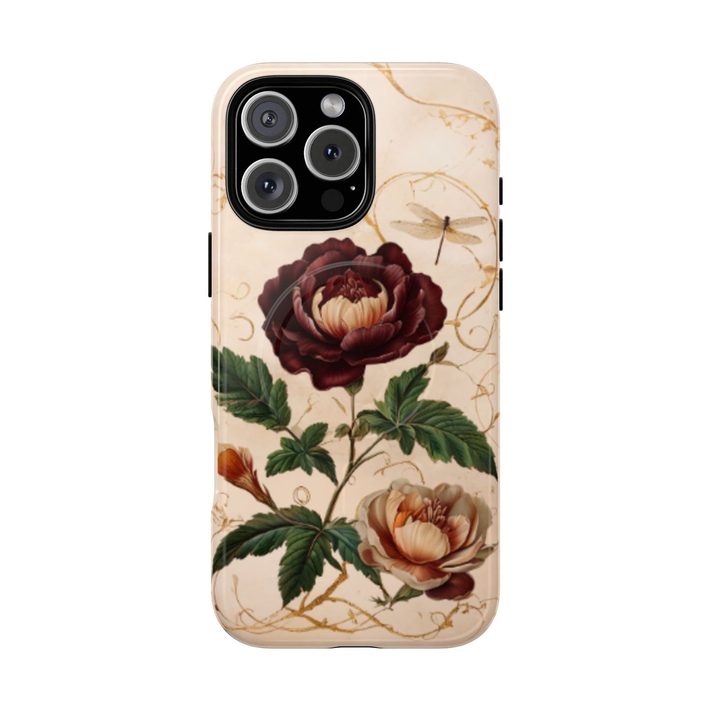 Vintage peony and dragonfly botanical iPhone 16 Pro Max MagSafe phone case with elegant floral illustration design