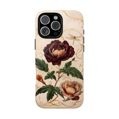Vintage peony and dragonfly botanical iPhone 16 Pro Max MagSafe phone case with elegant floral illustration design
