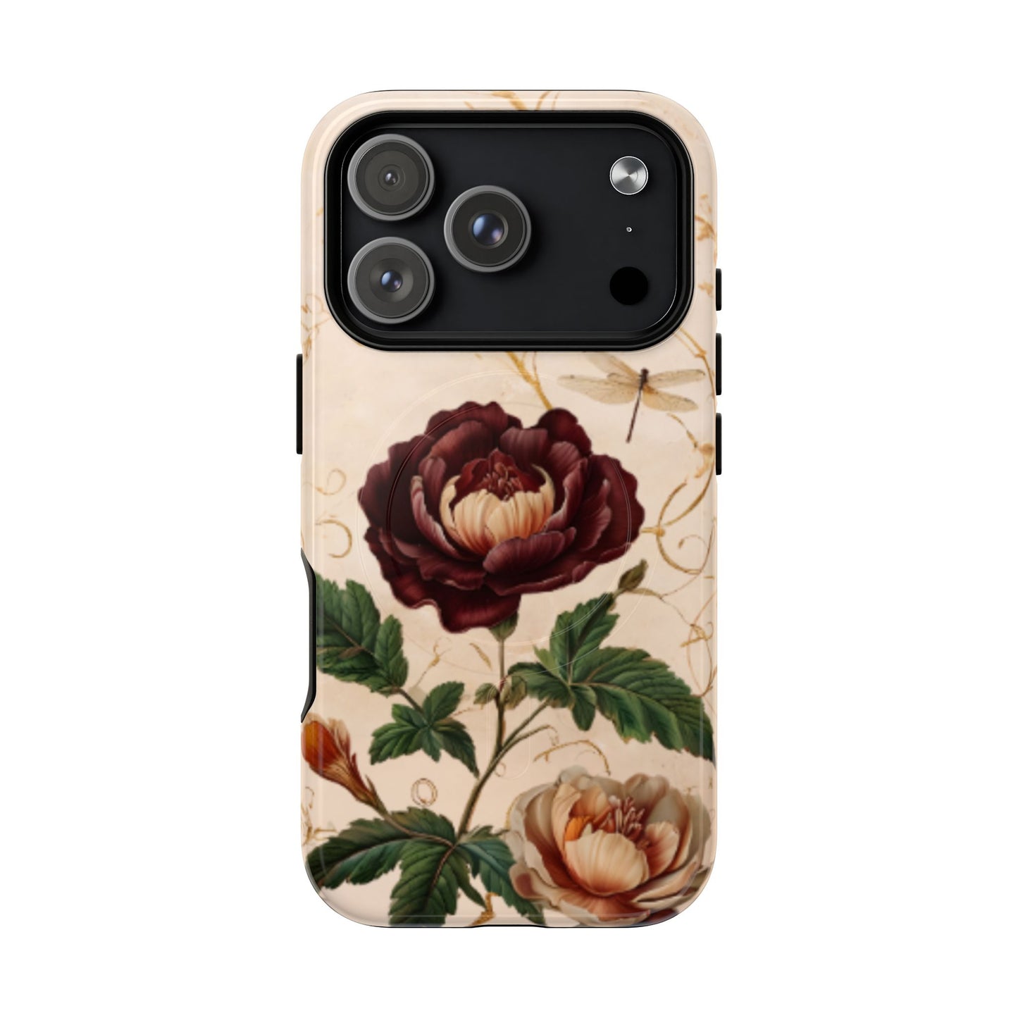Vintage peony and dragonfly botanical iPhone 17 Pro MagSafe phone case with elegant floral illustration design