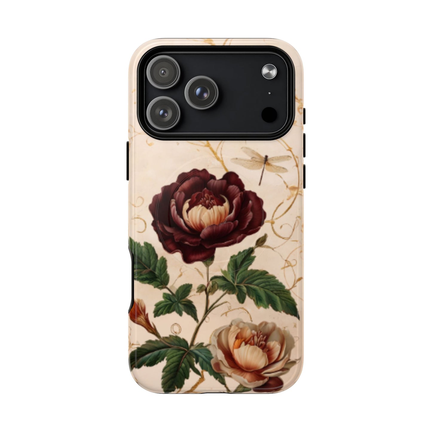 Vintage peony and dragonfly botanical iPhone 17 Pro Max MagSafe phone case with elegant floral illustration design