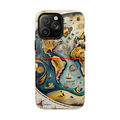 Celestial Map vintage world map iPhone MagSafe 14 Pro Max case featuring nautical elements, ships, and abstract cartography in warm and ocean tones.