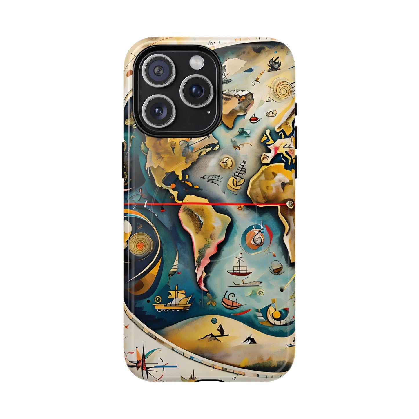Celestial Map vintage world map iPhone MagSafe 15 Pro Max case featuring nautical elements, ships, and abstract cartography in warm and ocean tones.