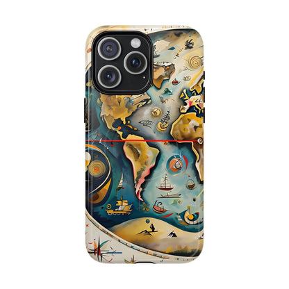 Celestial Map vintage world map iPhone MagSafe 15 Pro Max case featuring nautical elements, ships, and abstract cartography in warm and ocean tones.