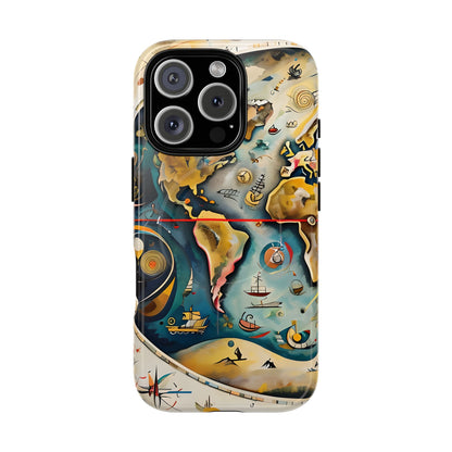 Celestial Map vintage world map iPhone MagSafe 16 Pro case featuring nautical elements, ships, and abstract cartography in warm and ocean tones.