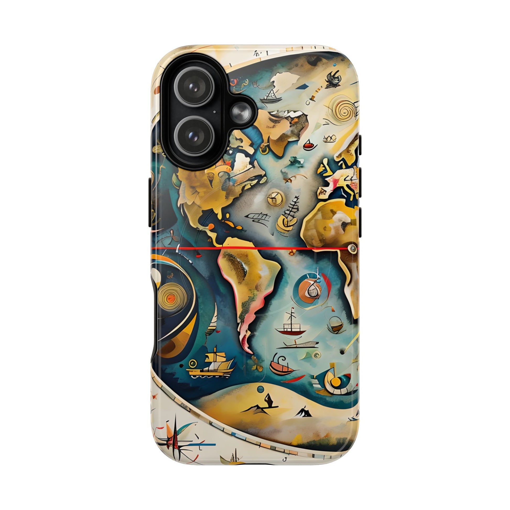 Celestial Map vintage world map iPhone MagSafe case featuring nautical elements, ships, and abstract cartography in warm and ocean tones.