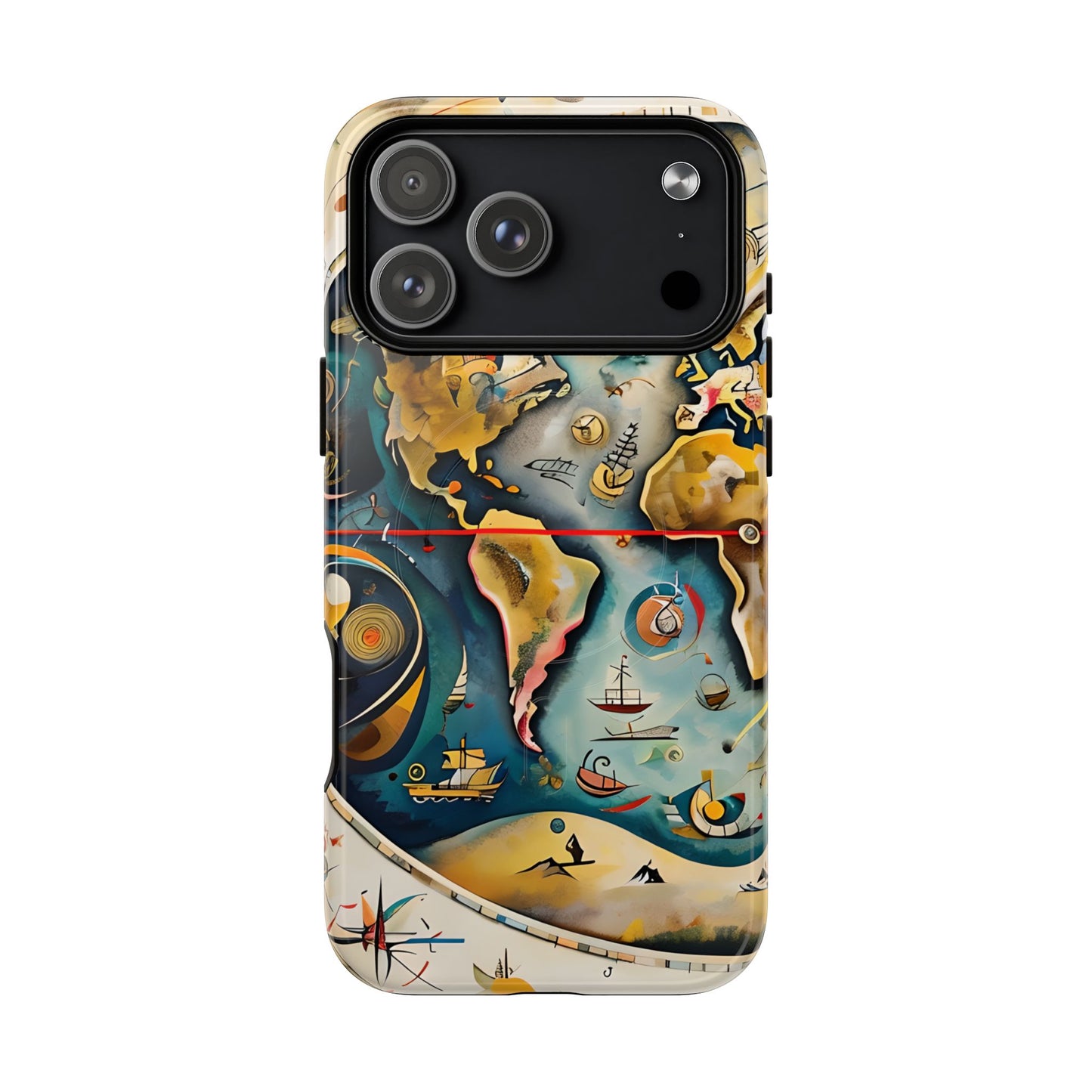 Celestial Map vintage world map iPhone MagSafe 17 Pro Max case featuring nautical elements, ships, and abstract cartography in warm and ocean tones.