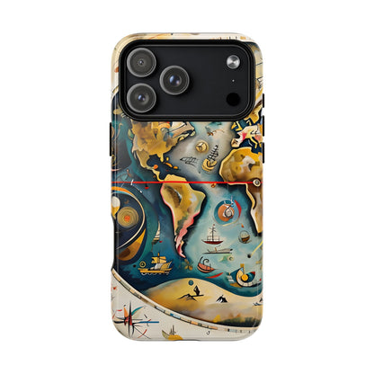 Celestial Map vintage world map iPhone MagSafe 17 Pro Max case featuring nautical elements, ships, and abstract cartography in warm and ocean tones.