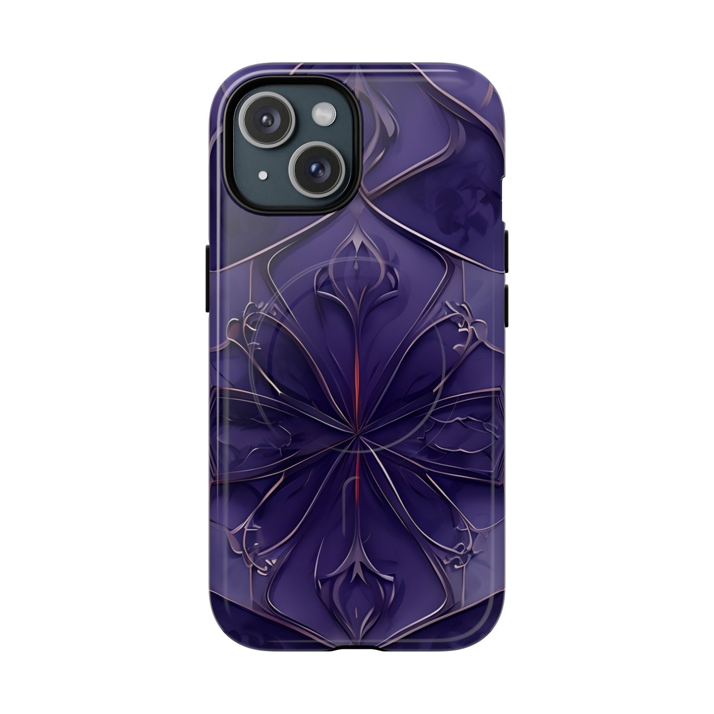 Violet Nebula iPhone 15 MagSafe case featuring a symmetrical abstract pattern in deep purple and violet tones with subtle glowing accents.