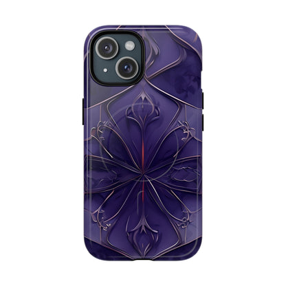 Violet Nebula iPhone 15 MagSafe case featuring a symmetrical abstract pattern in deep purple and violet tones with subtle glowing accents.