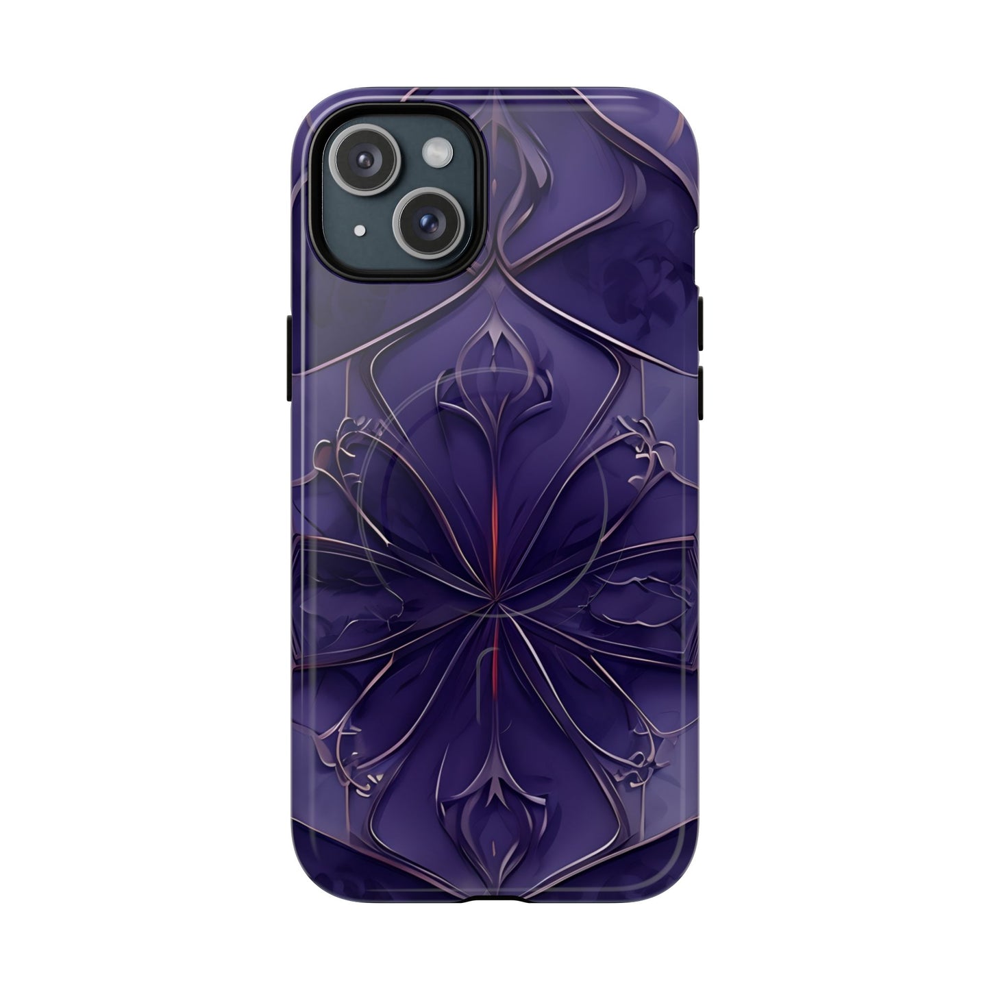 Violet Nebula iPhone 15 Plus MagSafe case featuring a symmetrical abstract pattern in deep purple and violet tones with subtle glowing accents.