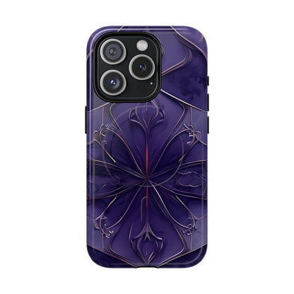 Violet Nebula iPhone 15 Pro MagSafe case featuring a symmetrical abstract pattern in deep purple and violet tones with subtle glowing accents.