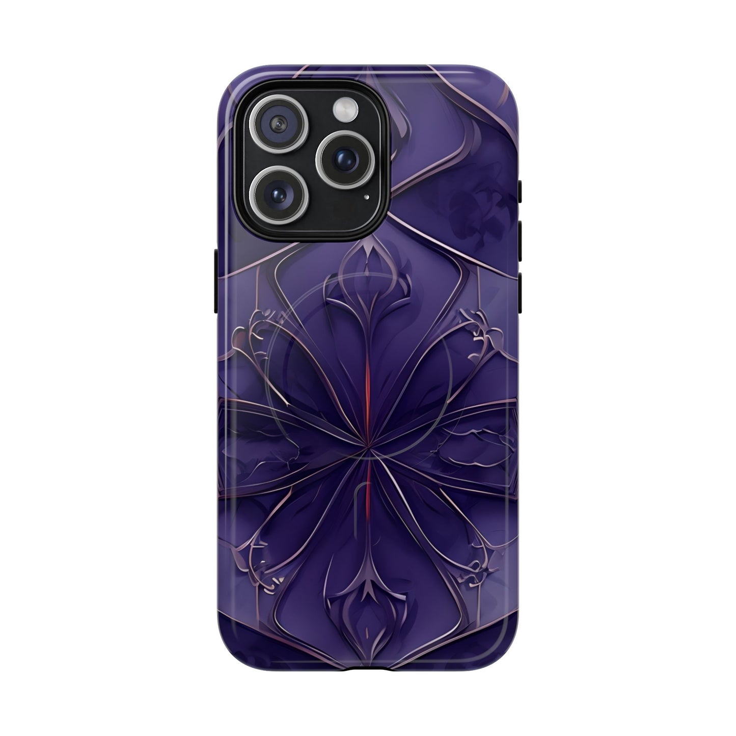 Violet Nebula iPhone 15 Pro Max MagSafe case featuring a symmetrical abstract pattern in deep purple and violet tones with subtle glowing accents.