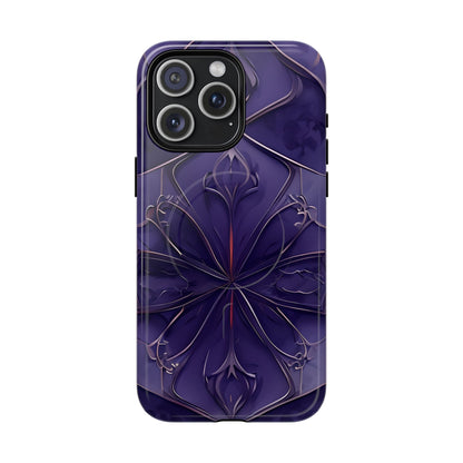 Violet Nebula iPhone 15 Pro Max MagSafe case featuring a symmetrical abstract pattern in deep purple and violet tones with subtle glowing accents.