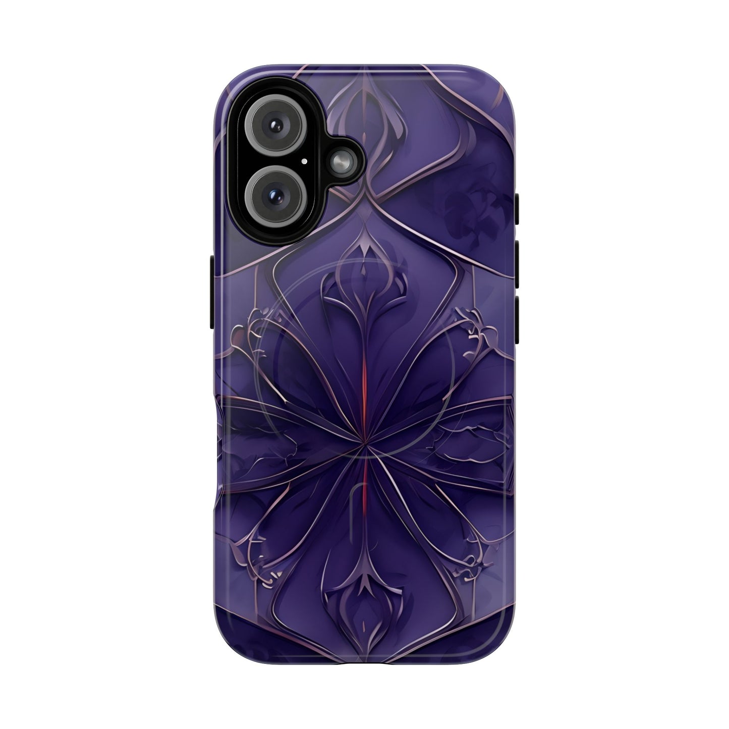 Violet Nebula iPhone 16 MagSafe case featuring a symmetrical abstract pattern in deep purple and violet tones with subtle glowing accents.