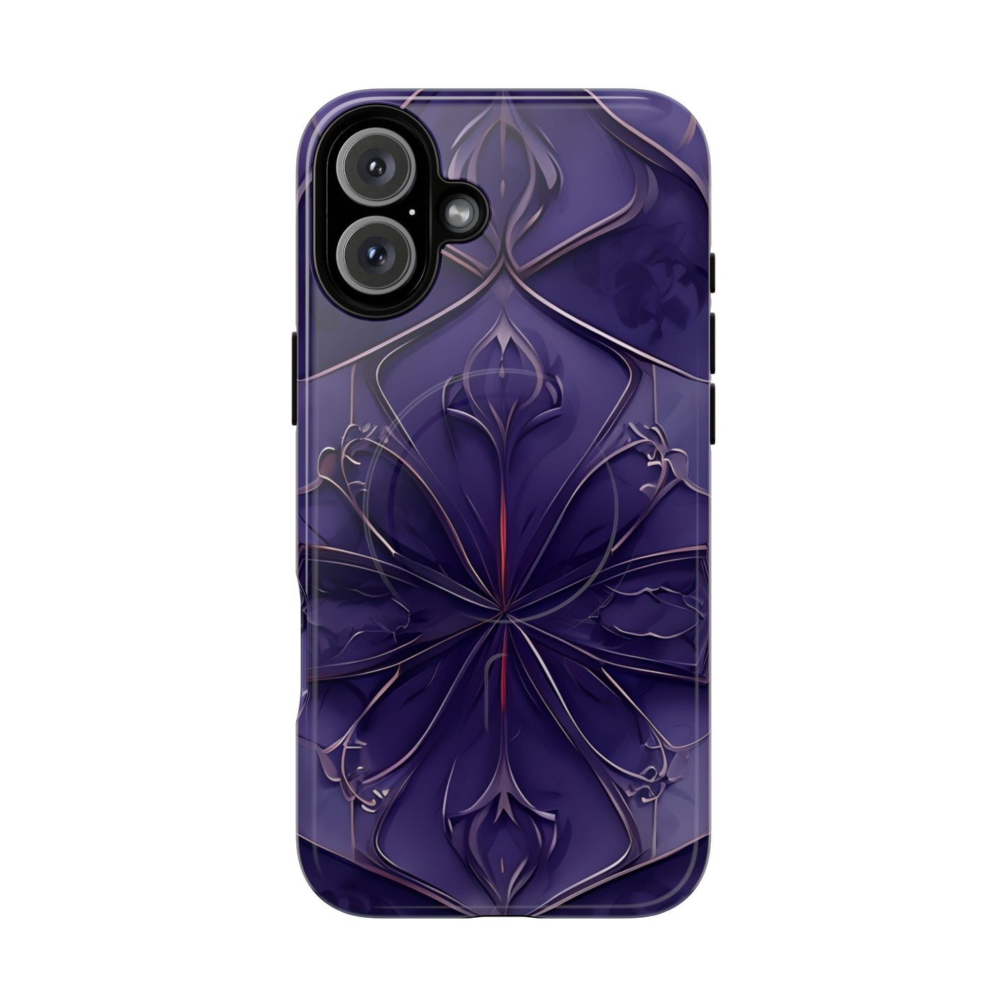 Violet Nebula iPhone 16 Plus MagSafe case featuring a symmetrical abstract pattern in deep purple and violet tones with subtle glowing accents.