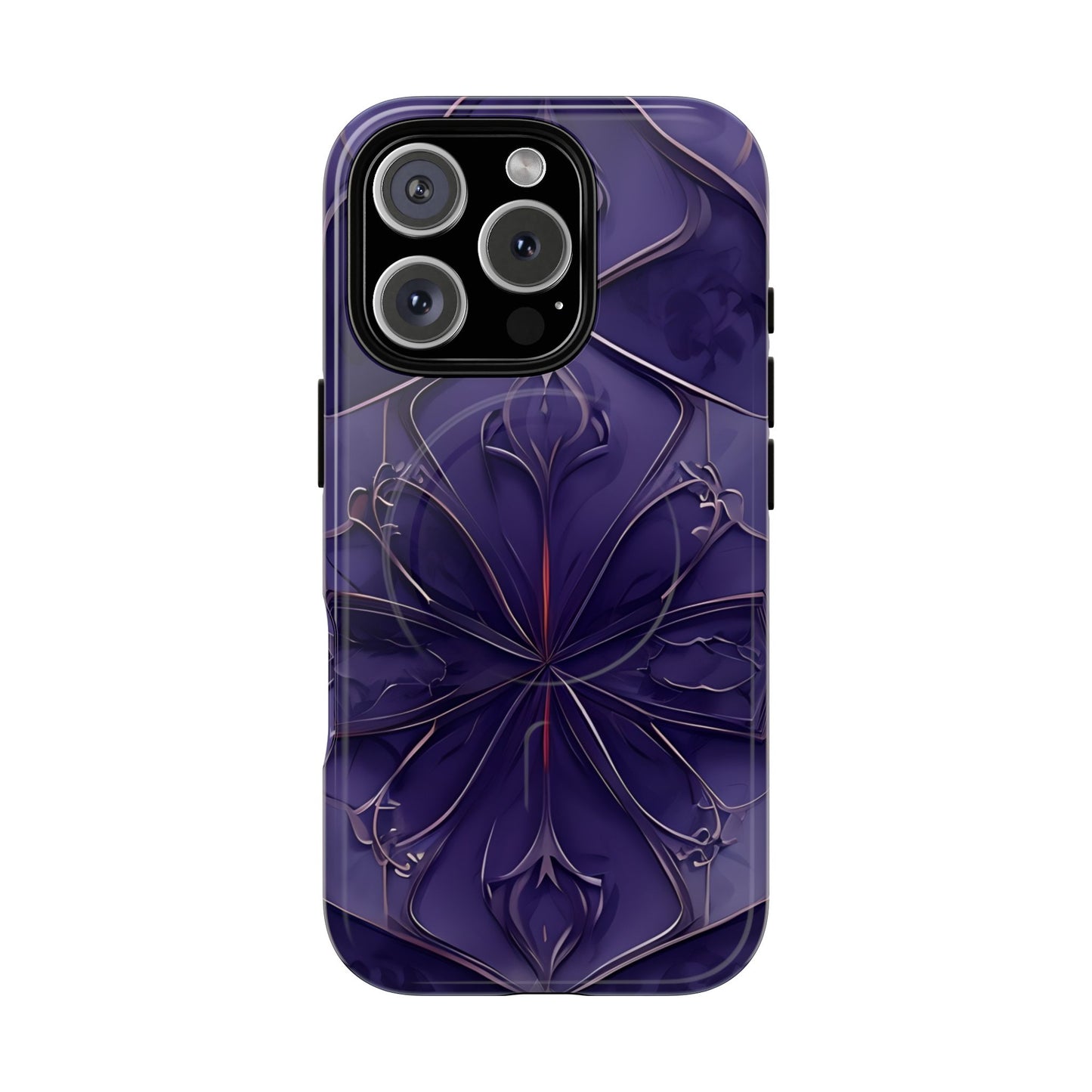Violet Nebula iPhone 16 Pro MagSafe case featuring a symmetrical abstract pattern in deep purple and violet tones with subtle glowing accents.
