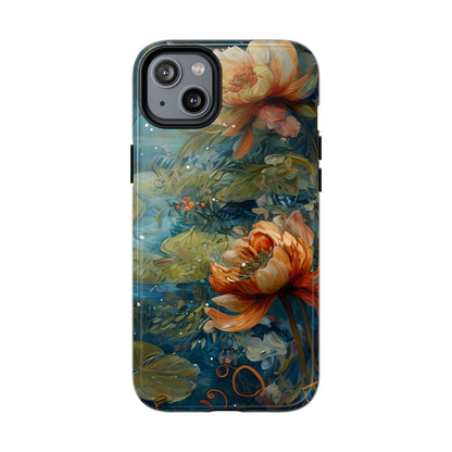 Waterlily floral iPhone 14 Plus MagSafe phone case with botanical water garden flower design