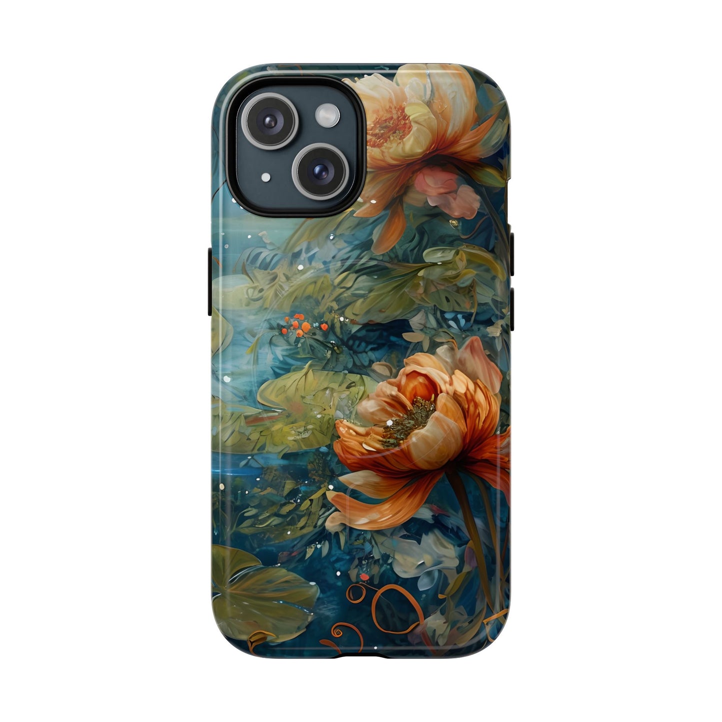 Waterlily floral iPhone 15 MagSafe phone case with botanical water garden flower design