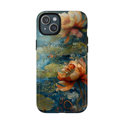 Waterlily floral iPhone 15 Plus MagSafe phone case with botanical water garden flower design