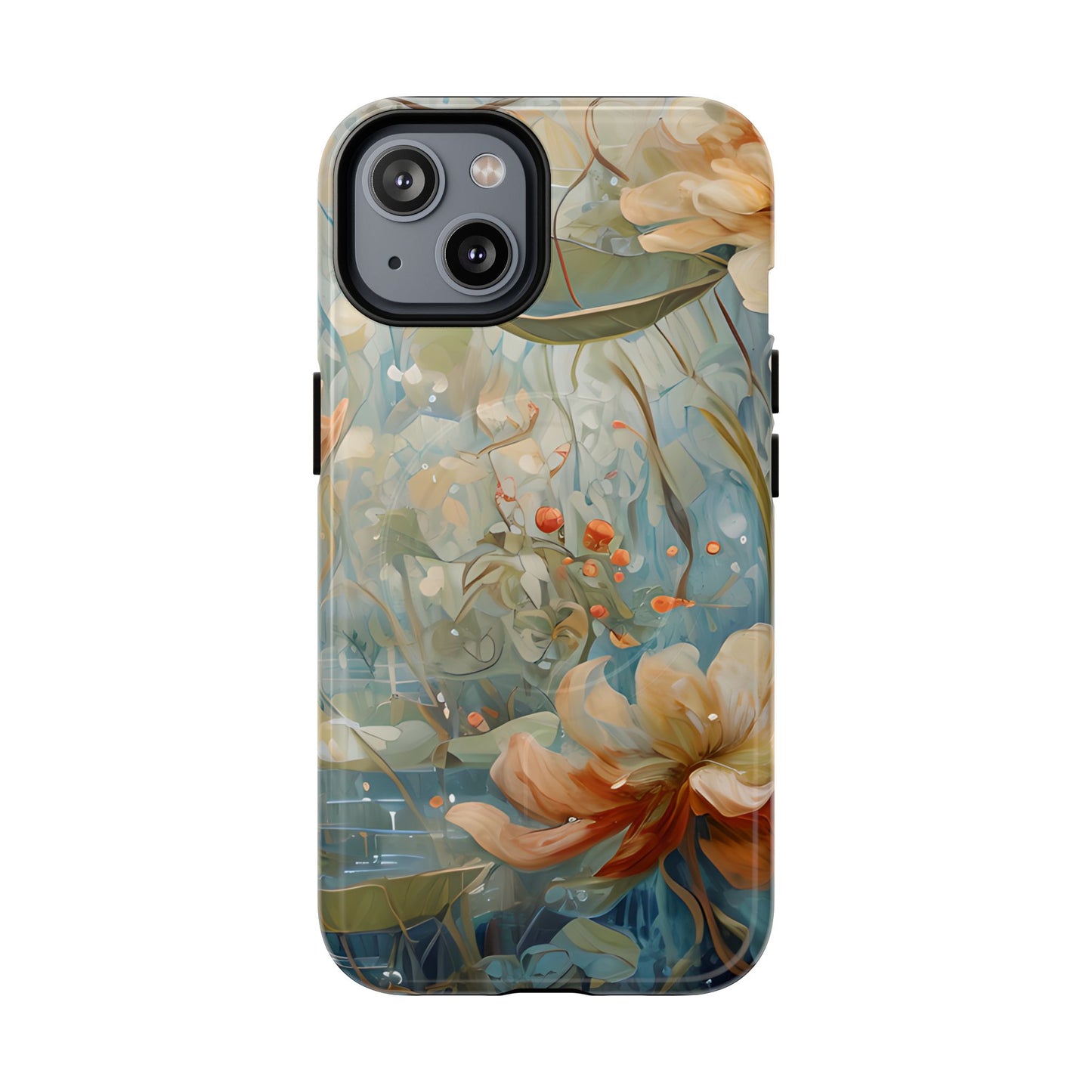 Waterlily Dreamscape floral iPhone 14 Air MagSafe case featuring soft botanical waterlily flowers in blue, ivory, and peach with dreamy watercolor garden design.