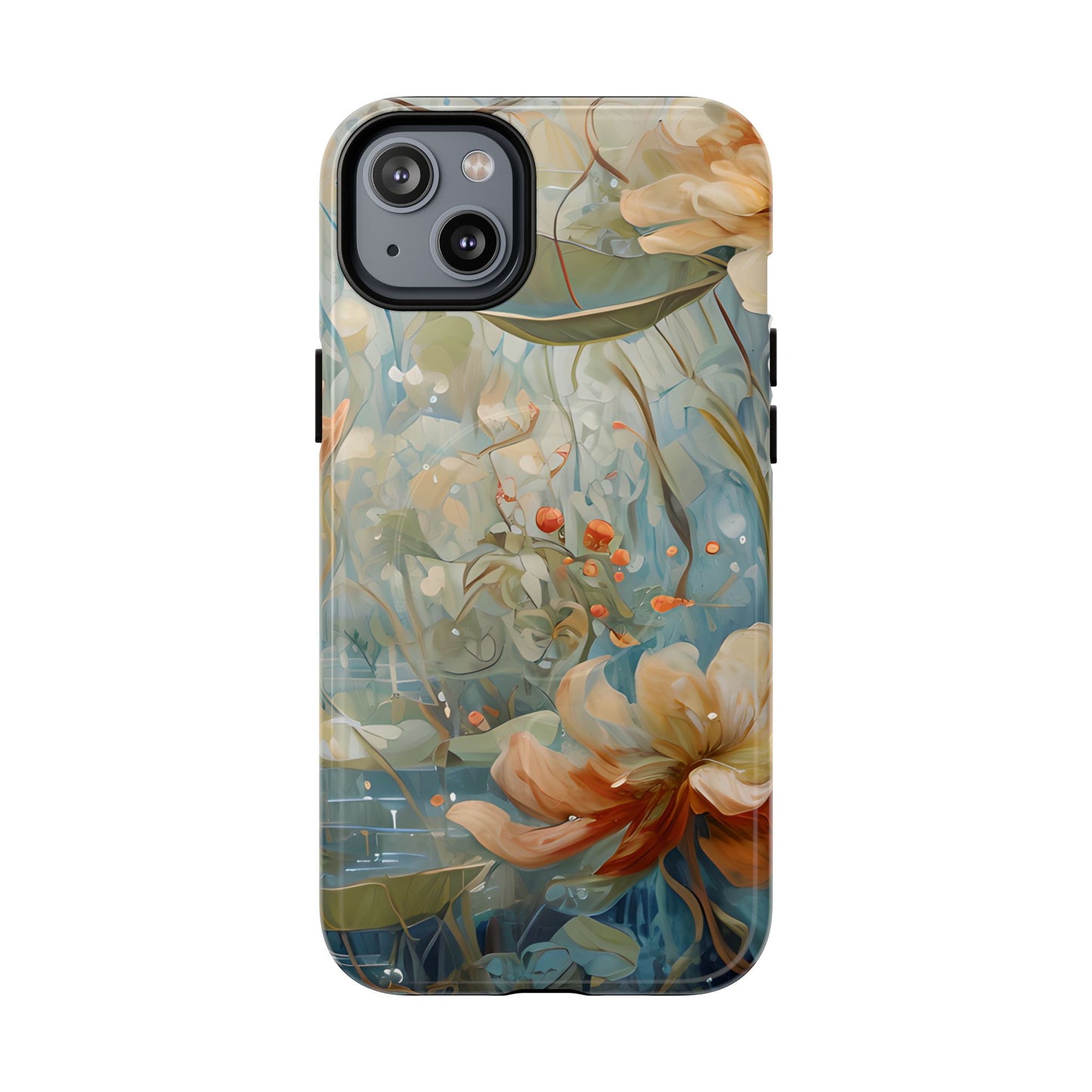 Waterlily Dreamscape floral iPhone 14 Plus Air MagSafe case featuring soft botanical waterlily flowers in blue, ivory, and peach with dreamy watercolor garden design.
