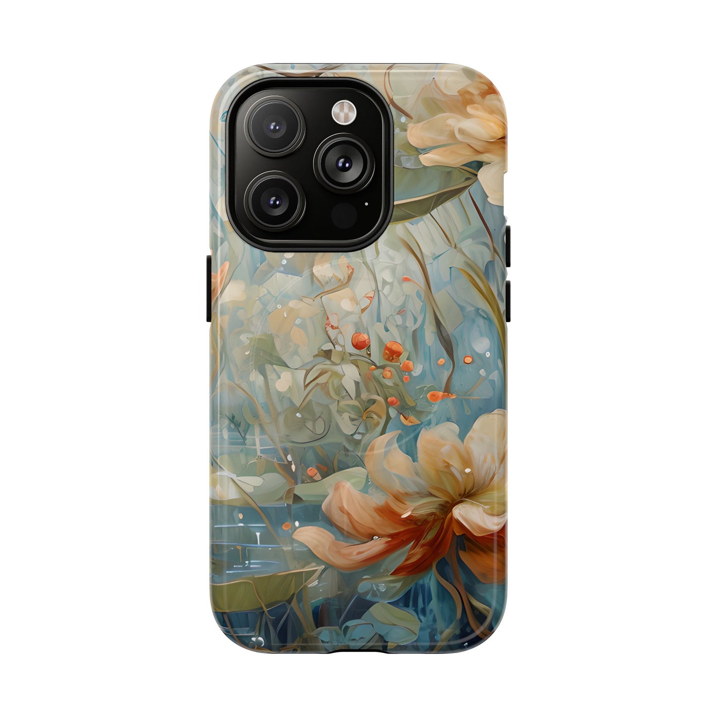 Waterlily Dreamscape floral iPhone 14 Pro Air MagSafe case featuring soft botanical waterlily flowers in blue, ivory, and peach with dreamy watercolor garden design.