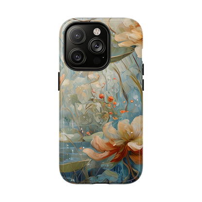 Waterlily Dreamscape floral iPhone 14 Pro Air MagSafe case featuring soft botanical waterlily flowers in blue, ivory, and peach with dreamy watercolor garden design.