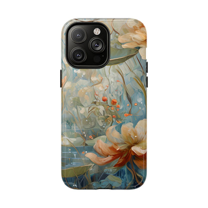 Waterlily Dreamscape floral iPhone 14 Pro Max Air MagSafe case featuring soft botanical waterlily flowers in blue, ivory, and peach with dreamy watercolor garden design.